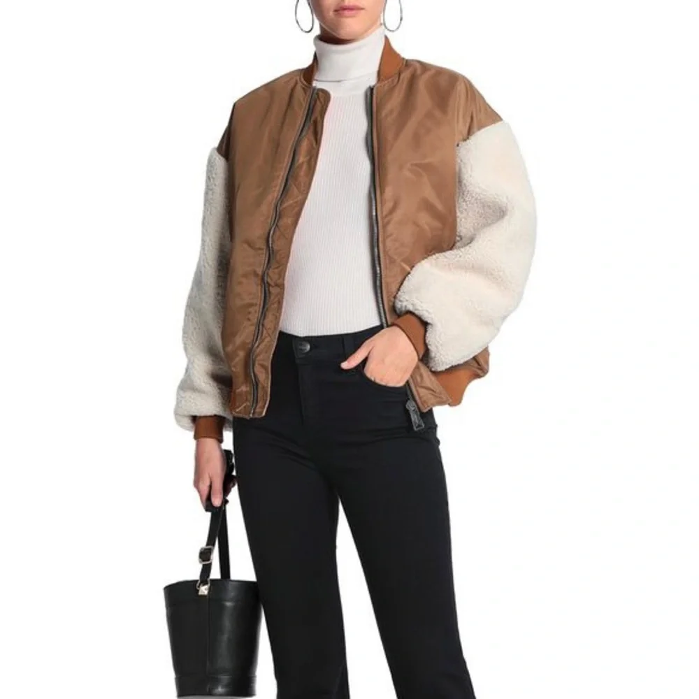 NEW Maje x Schott Boston Shearling Bomber Jacket (Sz FR 40 / US 8) Caramel - Picture 4 of 16
